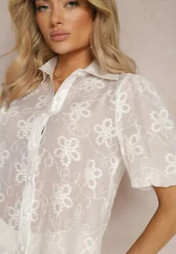 Biała Koszula z Bufiastymi Rękawami i Haftowanymi Kwiatami Binuria