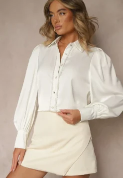 Biała Koszula z Długimi Bufiastymi Rękawami i Koralikami Zapinana na Guziki Quileth