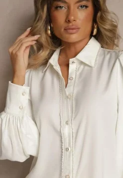 Biała Koszula z Długimi Bufiastymi Rękawami i Koralikami Zapinana na Guziki Quileth