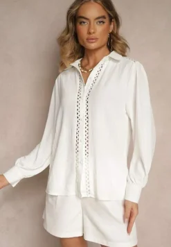Biała Koszula z Eleganckimi Ażurowymi Wstawkami Meristas