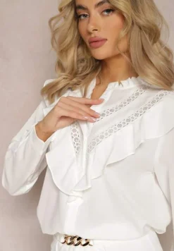 Biała Koszula z Falbanami i Koronkowymi Wstawkami Eletoma