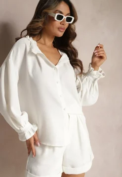 Biała Koszula z Falbanką przy Szyi i Bufiastymi Rękawami Elloa