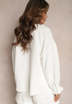 Biała Koszula z Falbanką przy Szyi i Bufiastymi Rękawami Elloa