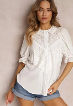 Biała Koszula z Haftowanym Kołnierzem i Rękawem z Gumką Prescotta