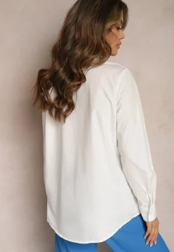 Biała Koszula z Kołnierzykiem i Kieszeniami Ozdobionymi Cyrkoniami Leridna