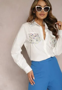 Biała Koszula z Kołnierzykiem i Kieszeniami Ozdobionymi Cyrkoniami Leridna