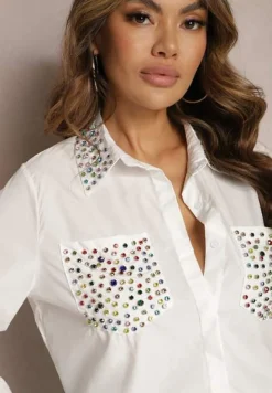 Biała Koszula z Kołnierzykiem i Kieszeniami Ozdobionymi Cyrkoniami Leridna