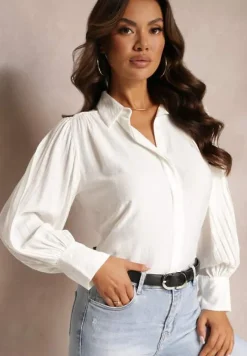 Biała Koszula z Kołnierzykiem i Plisowanymi Rękawami Devla