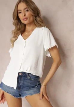Biała Koszula z Krótkim Rękawem i Koronką przy Ramionach Bettia