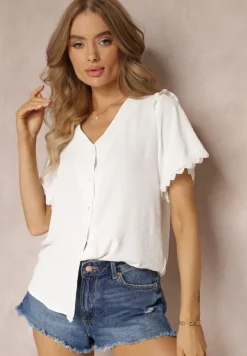 Biała Koszula z Krótkim Rękawem i Koronką przy Ramionach Bettia