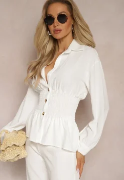 Biała Koszula z Marszczoną Talią i Ozdobnymi Guzikami Dapnelli
