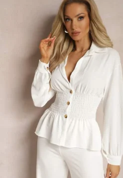 Biała Koszula z Marszczoną Talią i Ozdobnymi Guzikami Dapnelli