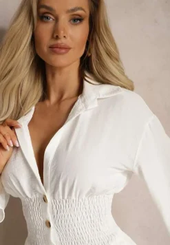 Biała Koszula z Marszczoną Talią i Ozdobnymi Guzikami Dapnelli