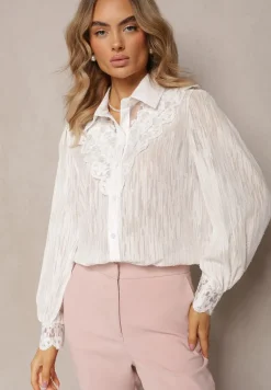 Biała Koszula z Metaliczną Nitką i Koronką Knikkar