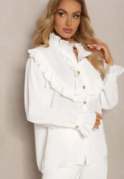 Biała Koszula z Ozdobną Falbanką i Żabotem Hansina