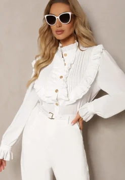 Biała Koszula z Ozdobną Falbanką i Żabotem Hansina