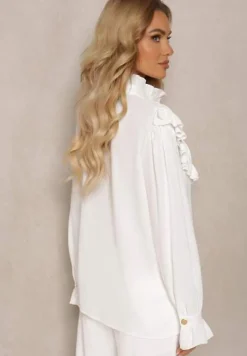 Biała Koszula z Ozdobną Falbanką i Żabotem Hansina
