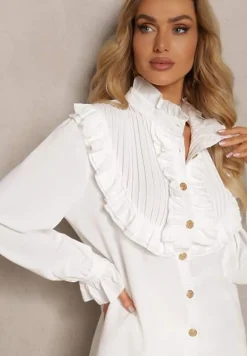 Biała Koszula z Ozdobną Falbanką i Żabotem Hansina