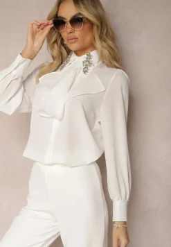Biała Koszula z Ozdobnym Kołnierzykiem z Cyrkoniami i Falbanką Quelith