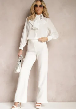 Biała Koszula z Ozdobnym Kołnierzykiem z Cyrkoniami i Falbanką Quelith