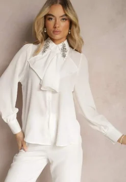 Biała Koszula z Ozdobnym Kołnierzykiem z Cyrkoniami i Falbanką Quelith