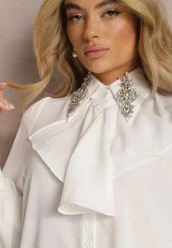Biała Koszula z Ozdobnym Kołnierzykiem z Cyrkoniami i Falbanką Quelith