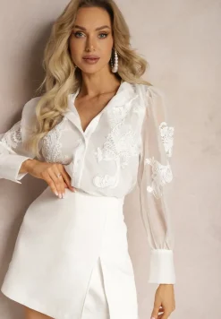 Biała Koszula z Transparentnymi Rękawami i Koronką z Perełkami Ulani
