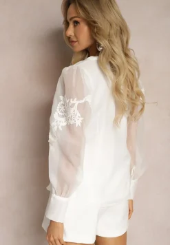Biała Koszula z Transparentnymi Rękawami i Koronką z Perełkami Ulani