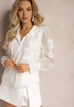 Biała Koszula z Transparentnymi Rękawami i Koronką z Perełkami Ulani