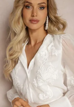 Biała Koszula z Transparentnymi Rękawami i Koronką z Perełkami Ulani