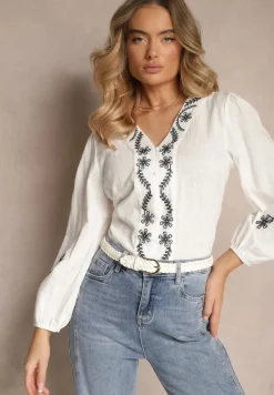 Biała Koszula z Wiskozą z Dekoltem V Zdobiona Haftem z Motywem Kwiatowym Gonarrae