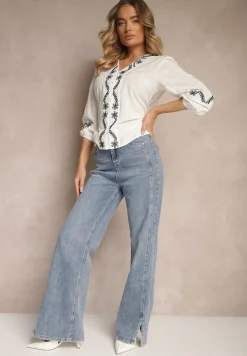 Biała Koszula z Wiskozą z Dekoltem V Zdobiona Haftem z Motywem Kwiatowym Gonarrae