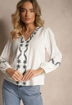 Biała Koszula z Wiskozą z Dekoltem V Zdobiona Haftem z Motywem Kwiatowym Gonarrae