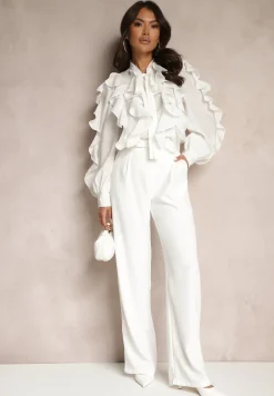 Biała Koszula z Wiskozą Zdobiona Falbanami i Wiązaniem przy Szyi Ravissa
