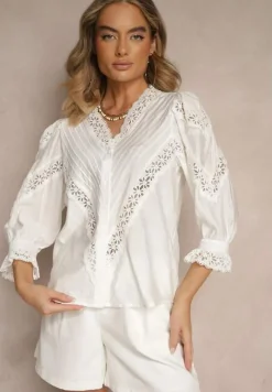 Biała Koszula z Wiskozy z Rękawami 7/8 Ozdobiona Koronką i Falbankami przy Mankietach Waerata