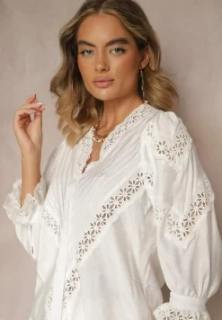 Biała Koszula z Wiskozy z Rękawami 7/8 Ozdobiona Koronką i Falbankami przy Mankietach Waerata