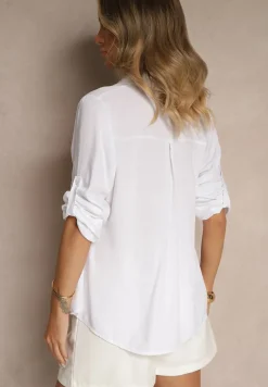 Biała Koszula z Wiskozy z Guzikami i Długimi Rękawami z Możliwością Podpięcia Memona