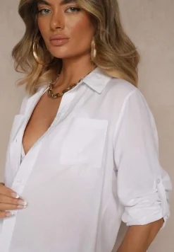 Biała Koszula z Wiskozy z Guzikami i Długimi Rękawami z Możliwością Podpięcia Memona