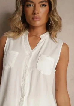 Biała Koszula z Wiskozy z Ozdobnymi Kieszeniami Lumorinne