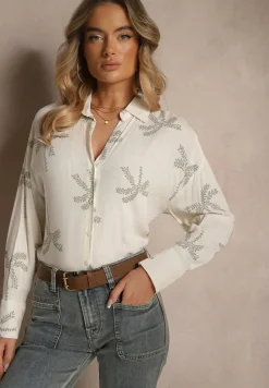 Biała Koszula z Wiskozy z Lnem w Liściasty Wzór Tatheia