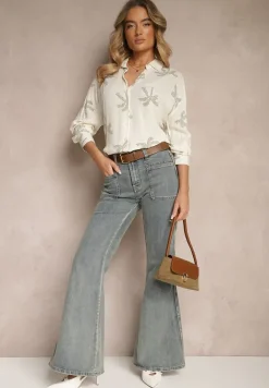 Biała Koszula z Wiskozy z Lnem w Liściasty Wzór Tatheia