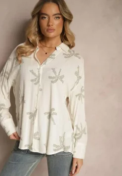 Biała Koszula z Wiskozy z Lnem w Liściasty Wzór Tatheia