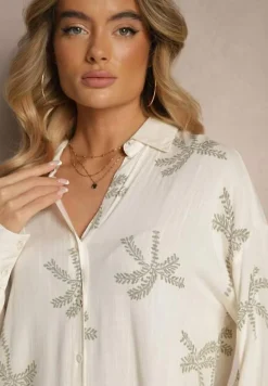 Biała Koszula z Wiskozy z Lnem w Liściasty Wzór Tatheia