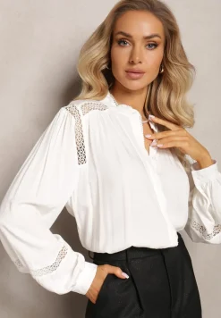 Biała Koszula z Wiskozy ze Stójką i Koronkowymi Wstawkami przy Ramionach Meami