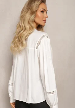 Biała Koszula z Wiskozy ze Stójką i Koronkowymi Wstawkami przy Ramionach Meami