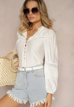 Biała Koszula z Wiskozy ze Stójką i Wstawkami z Koronki Diverto