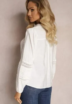 Biała Koszula z Wiskozy ze Stójką i Wstawkami z Koronki Diverto