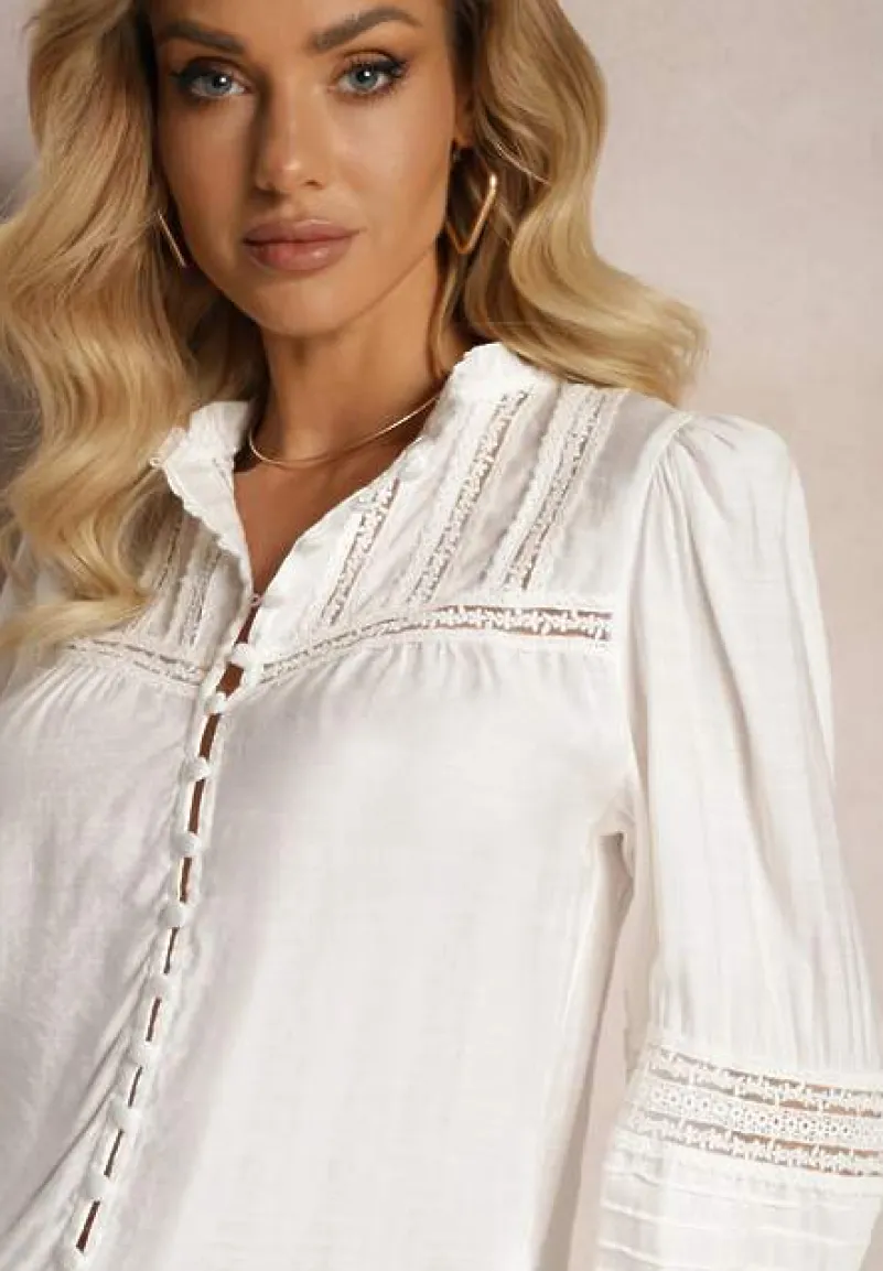 Biała Koszula z Wiskozy ze Stójką i Wstawkami z Koronki Diverto