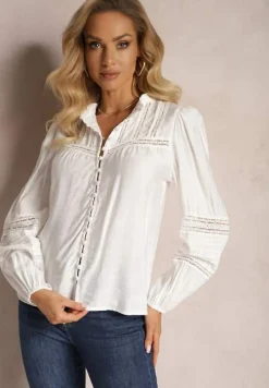 Biała Koszula z Wiskozy ze Stójką i Wstawkami z Koronki Diverto