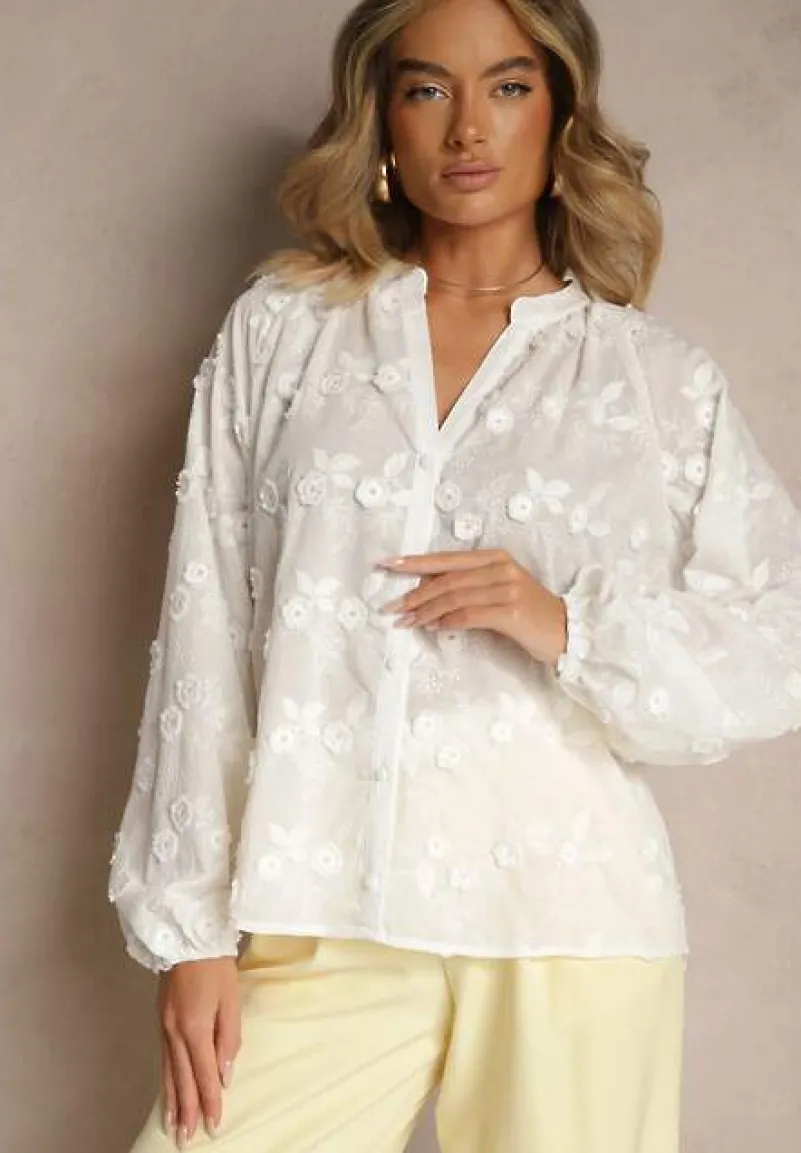 Biała Koszula Zapinana na Guziki z Haftowanej Tkaniny Glemma